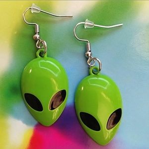 Handmade Metal Green Alien Earrings